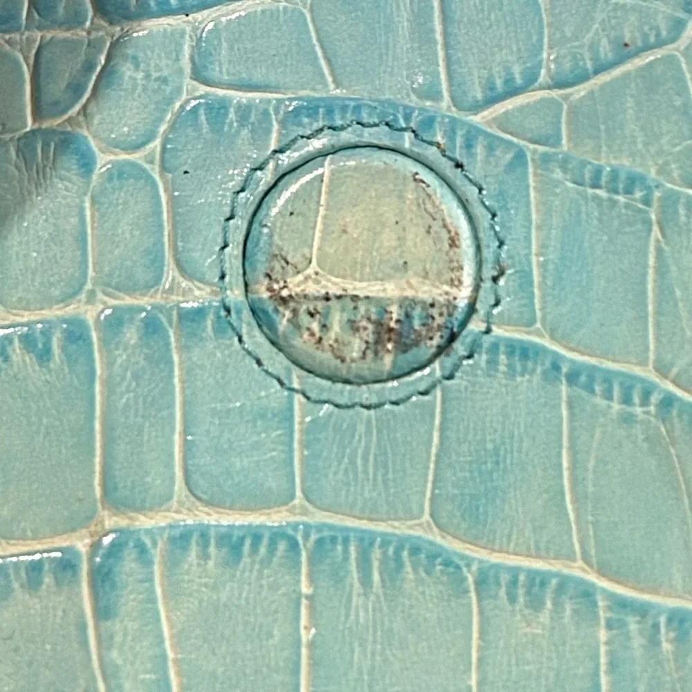 Vintage Teal Croc Embossed Leather Envelope Clutch w/ Silver Bumble Bee